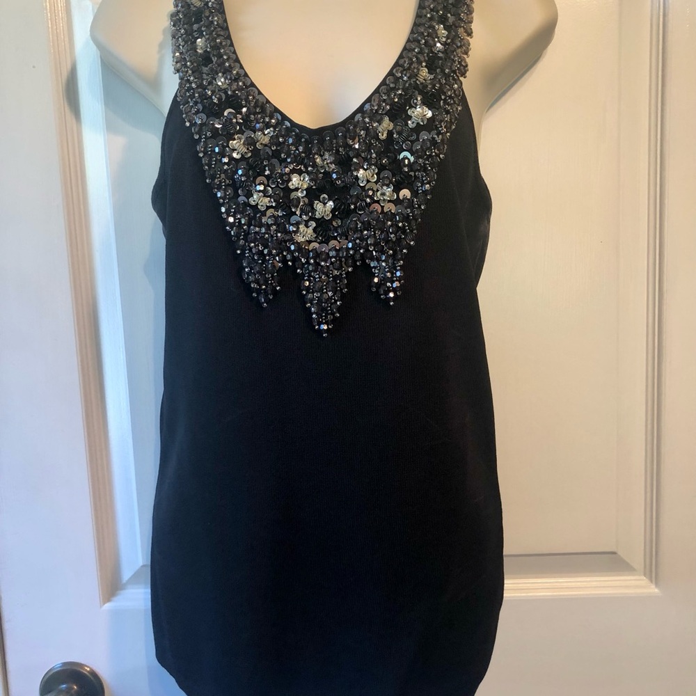 Joseph A Black Beaded/Sequin V-Neck Knit Top